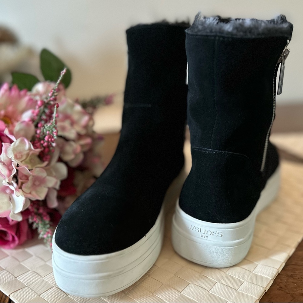 J Slides Womens Tristan Black Leather Platform Sneaker Bootie Faux Fur Size 7.5